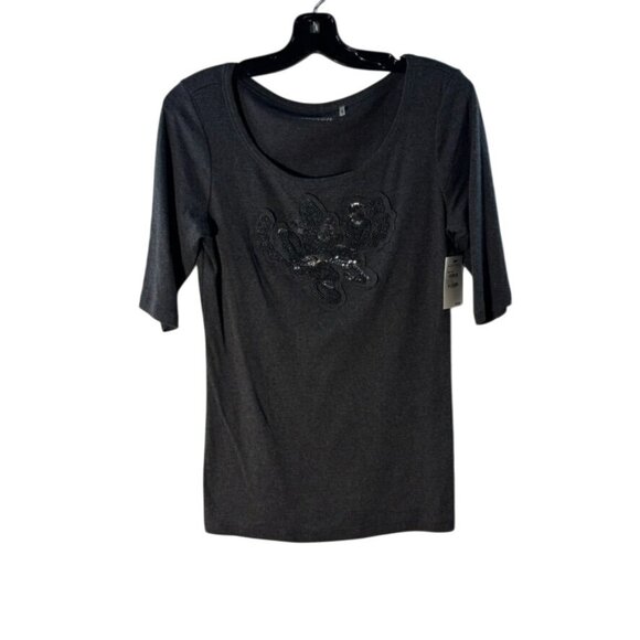 Caslon Womens Charcoal Gray Cotton Embellished Scoop Neck Top L Nordstrom - Picture 1 of 9